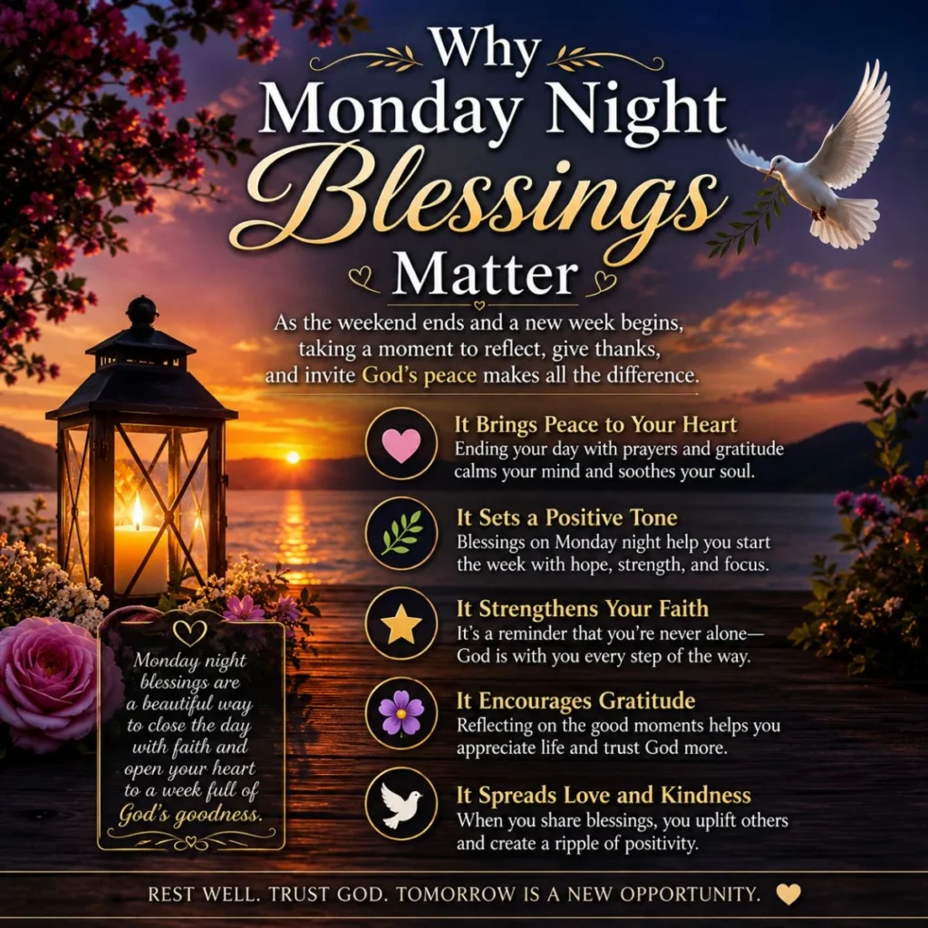 Why Monday Night Blessings Matter infographic with sunset lake, lantern, dove, and faith-based encouragement for the week