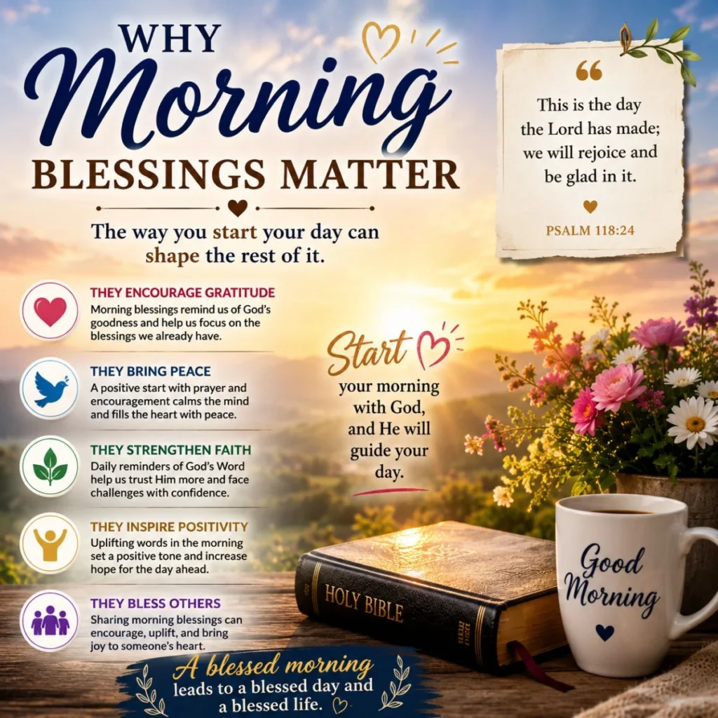 Why morning blessings matter infographic with Bible, sunrise, prayer, faith, gratitude, peace, and encouragement