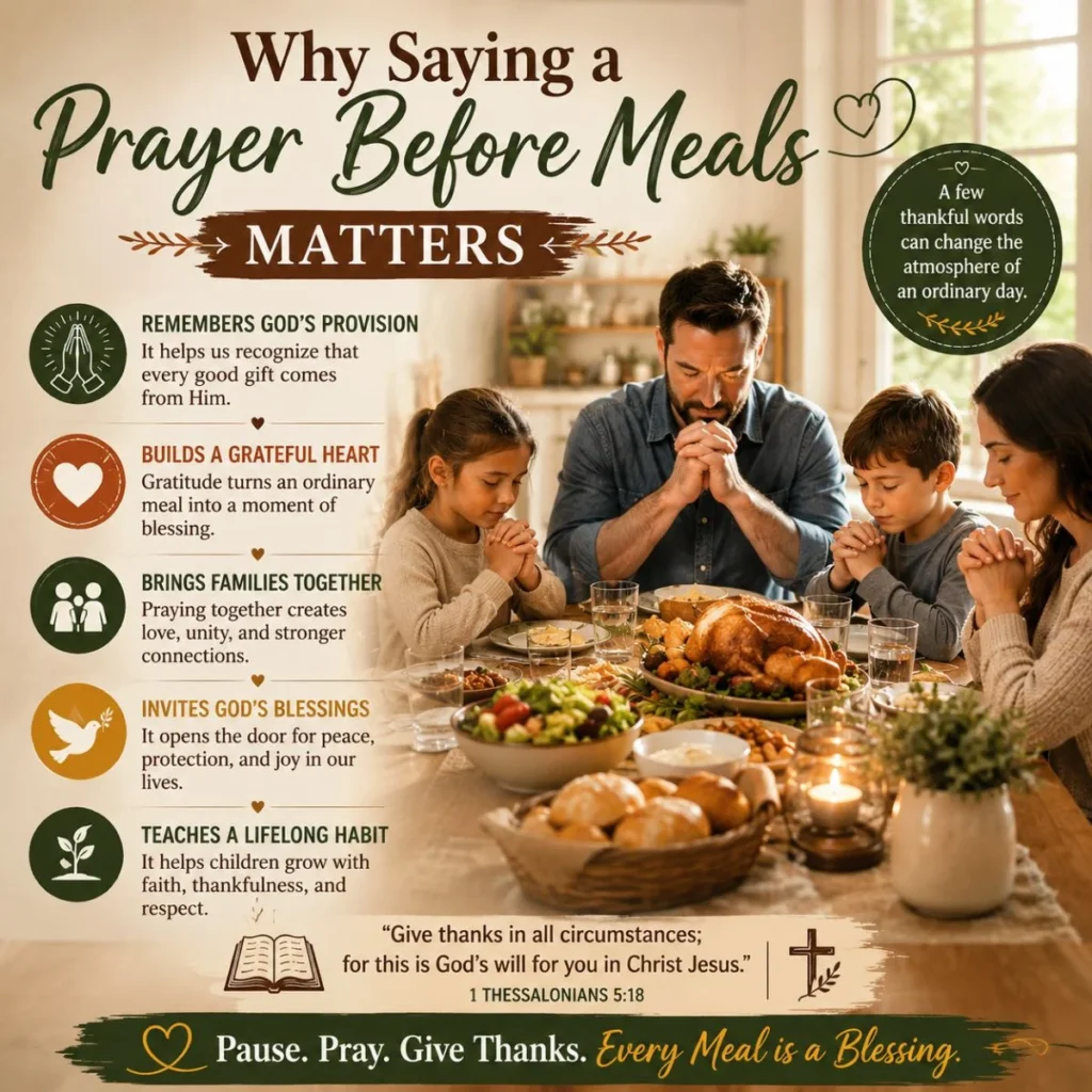 Family praying before dinner with reasons why saying a prayer before meals matters in a warm home setting