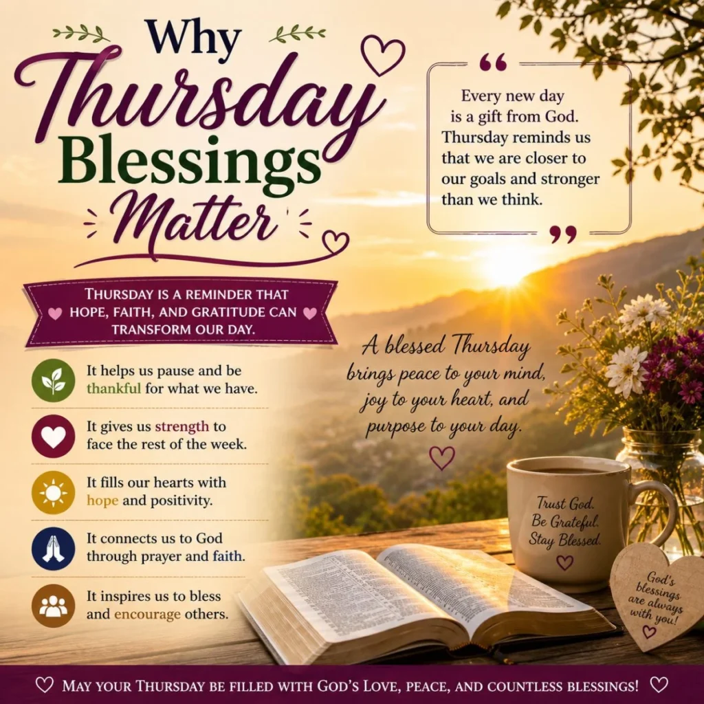 Why Thursday blessings matter image with sunrise, Bible, coffee mug, and inspiring faith-filled message