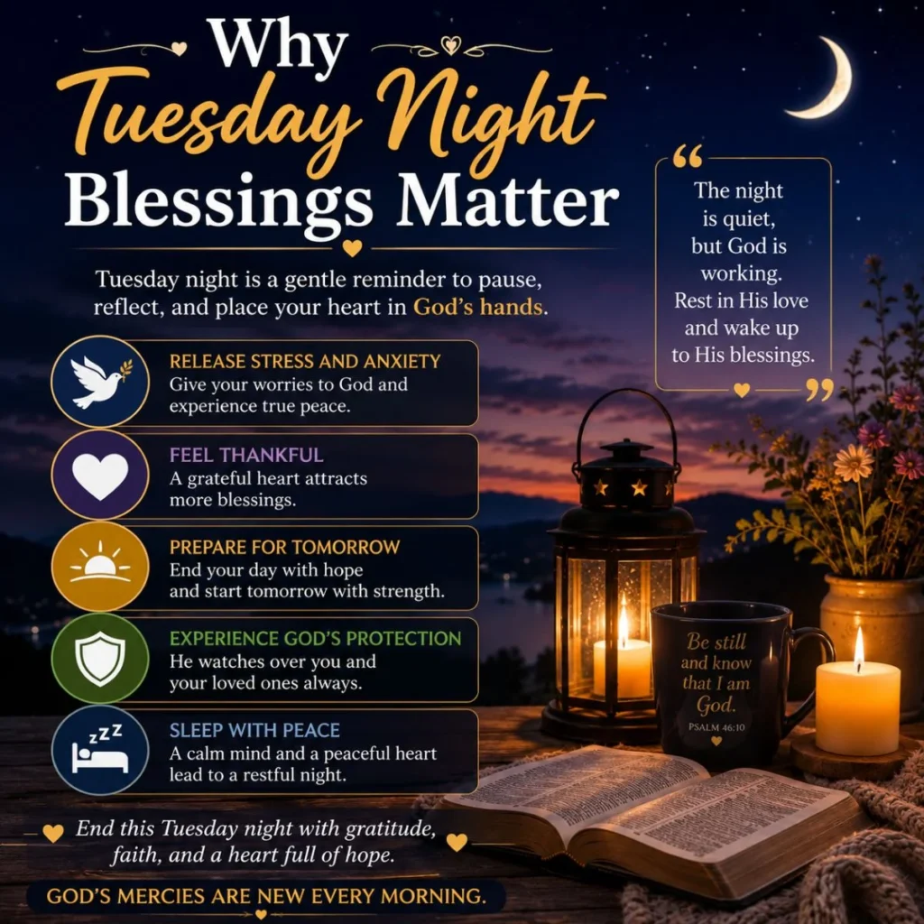 Why Tuesday Night Blessings Matter image with lantern, Bible, moon, and peaceful nighttime prayer quotes