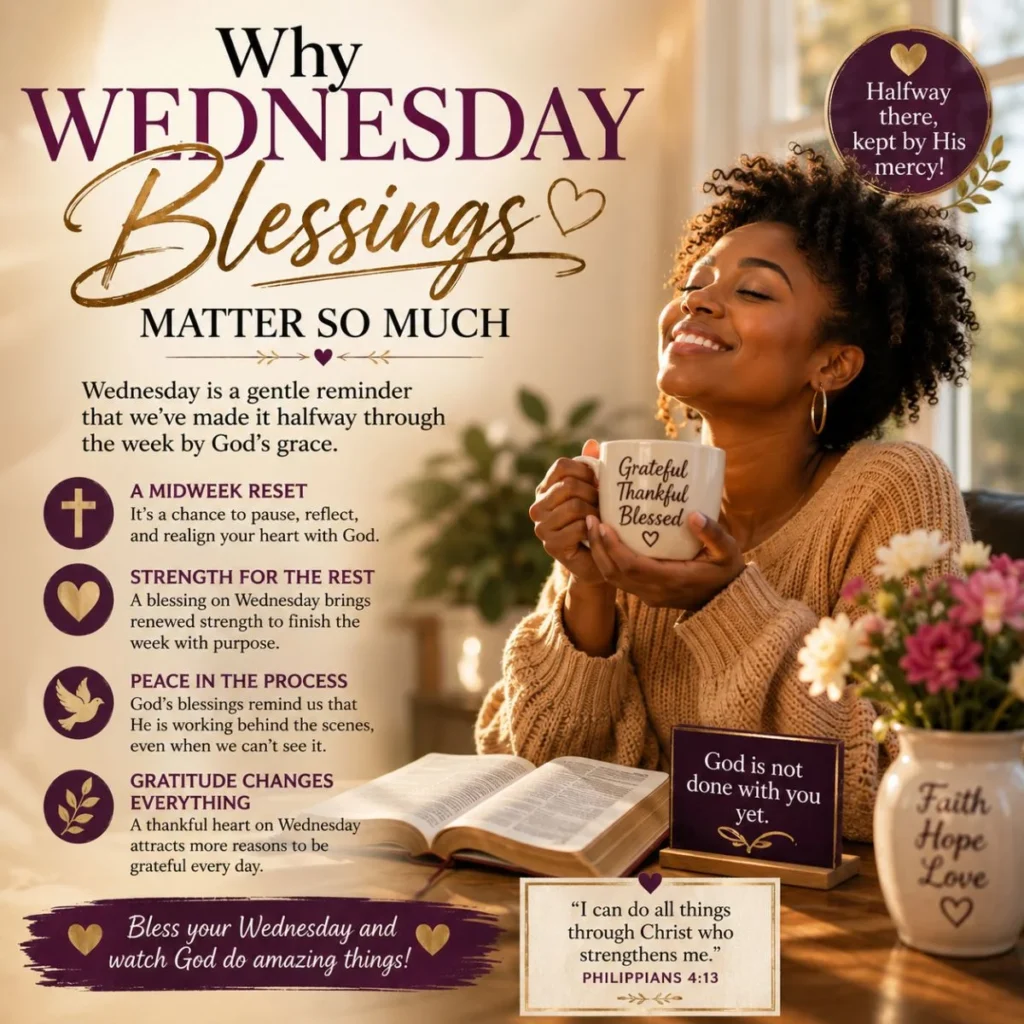 Inspirational Wednesday blessings image with grateful woman, Bible, and reasons why Wednesday blessings matter so much