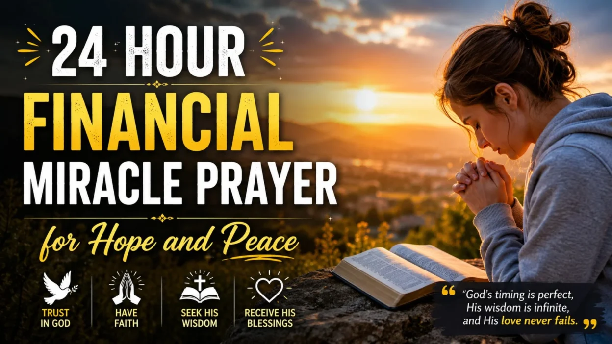 Woman praying beside an open Bible at sunrise with 24 hour financial miracle prayer for hope and peace.
