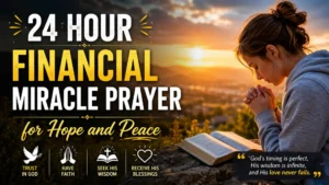 Woman praying beside an open Bible at sunrise with 24 hour financial miracle prayer for hope and peace.