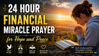 Woman praying beside an open Bible at sunrise with 24 hour financial miracle prayer for hope and peace.