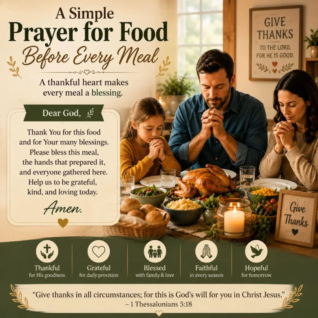 Family saying a simple prayer for food before every meal with gratitude, faith, and thanksgiving to God.