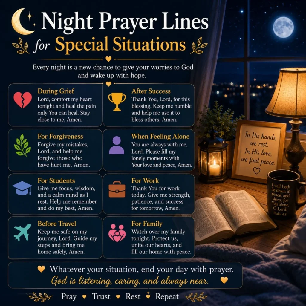 Night prayer lines for special situations with a Bible, lantern, moonlit bedroom, and comforting bedtime prayers.