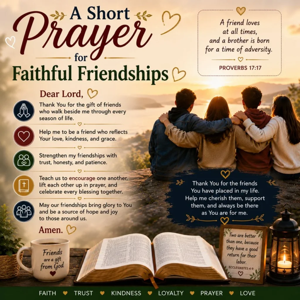 A short prayer for faithful friendships with friends, open Bible, and Proverbs 17:17 at a peaceful sunset.