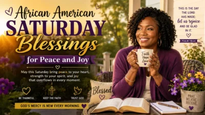 African American Saturday blessings image with peaceful morning prayer, Bible, coffee, and faith-filled message of hope and joy.