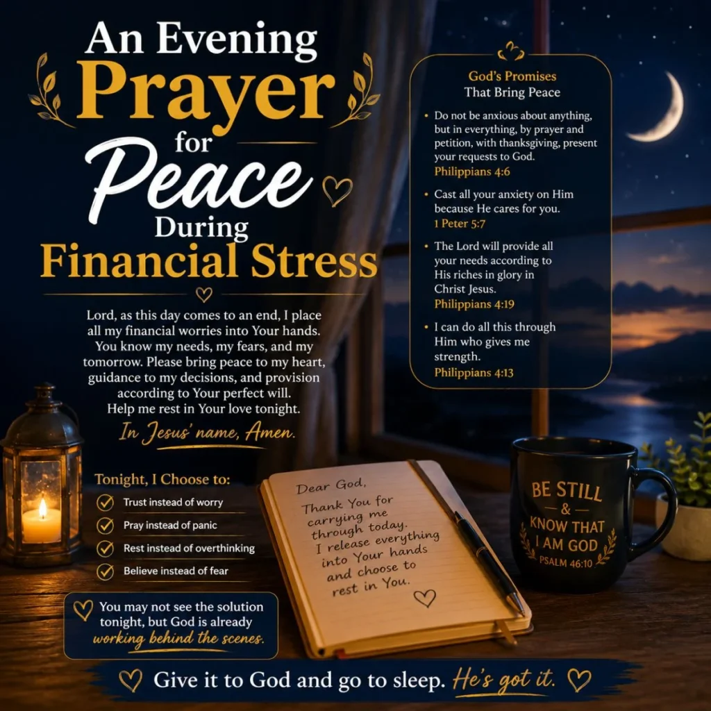 An evening prayer for peace during financial stress with Bible, candlelight, and moonlit window symbolizing hope and faith.