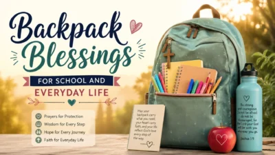 Backpack blessings for school and everyday life with a backpack, school supplies, cross, prayer card, and inspiring faith message.