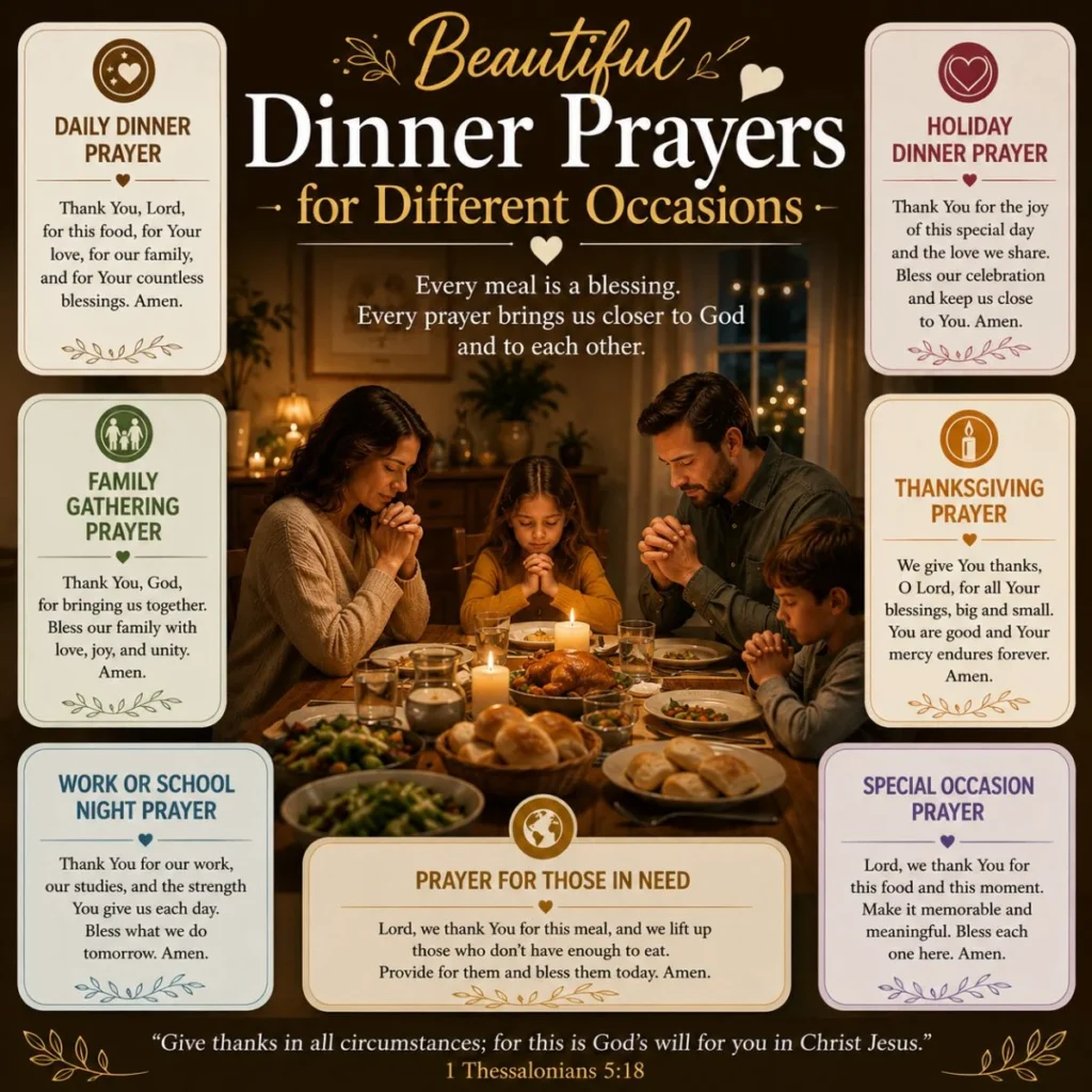 Beautiful dinner prayers for different occasions with a family praying before a meal in a warm, peaceful home.