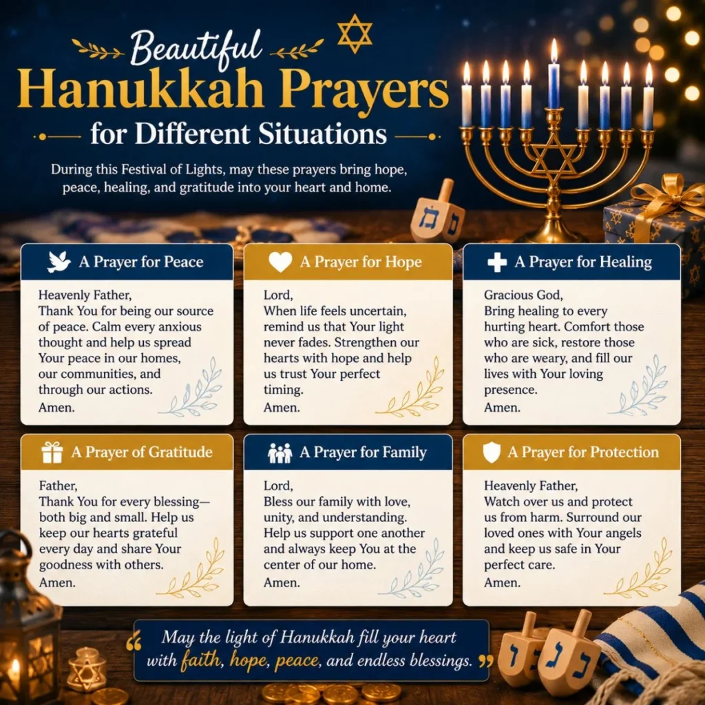 Beautiful Hanukkah prayers for peace, hope, healing, gratitude, and family beside a glowing menorah during Hanukkah.