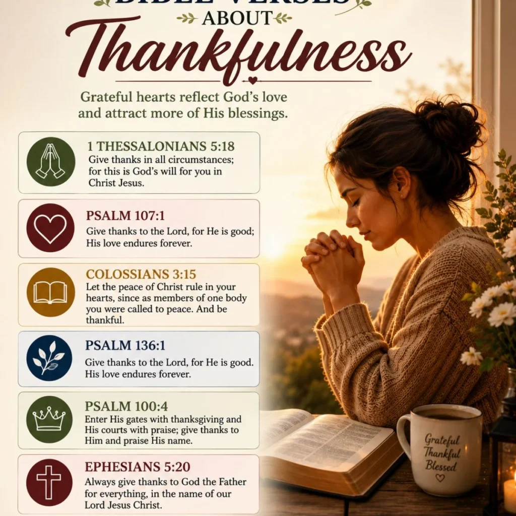Bible verses about thankfulness with a woman praying beside an open Bible at sunrise and inspiring gratitude scriptures