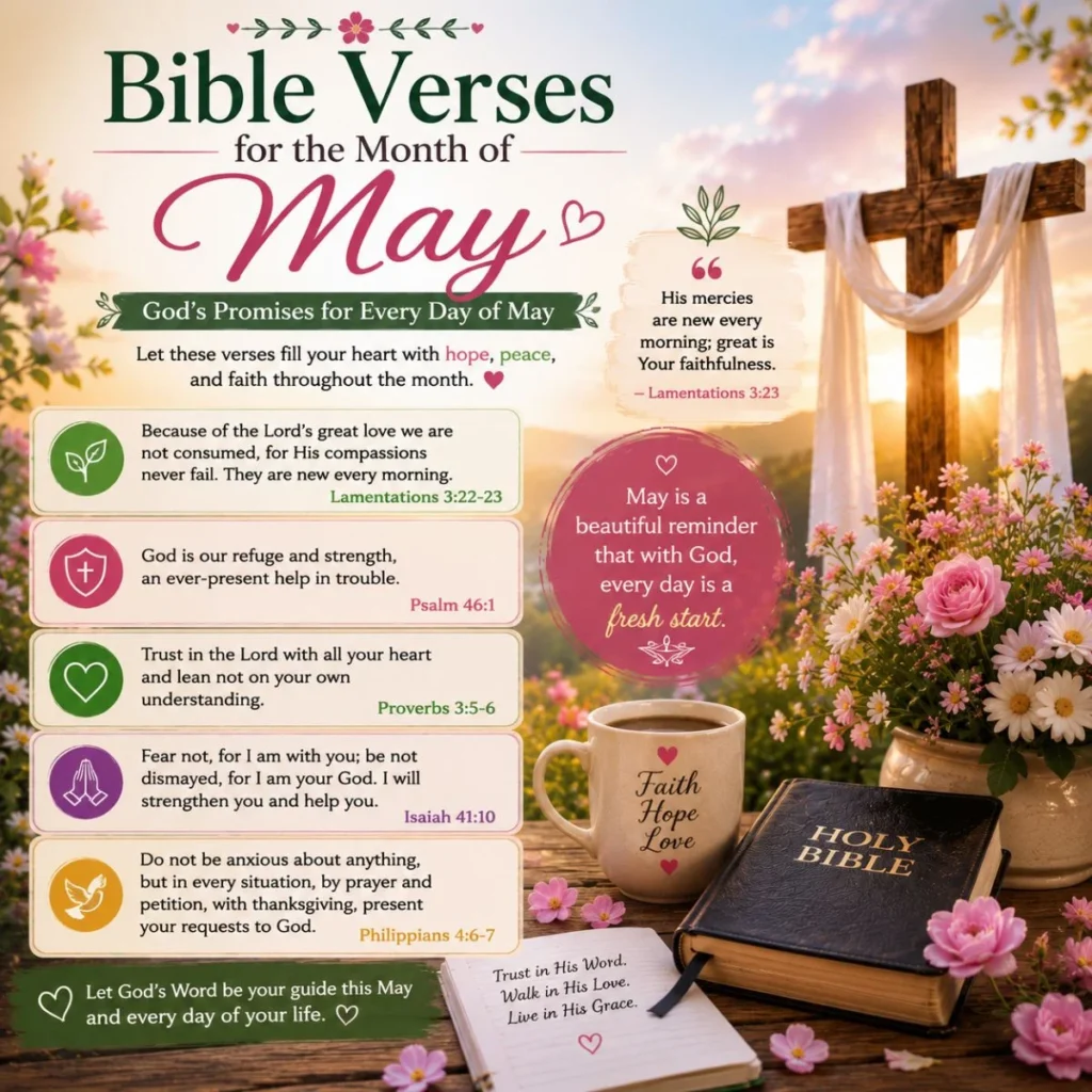 Bible Verses for the Month of May with cross, Holy Bible, spring flowers, and uplifting scriptures for hope and peace.