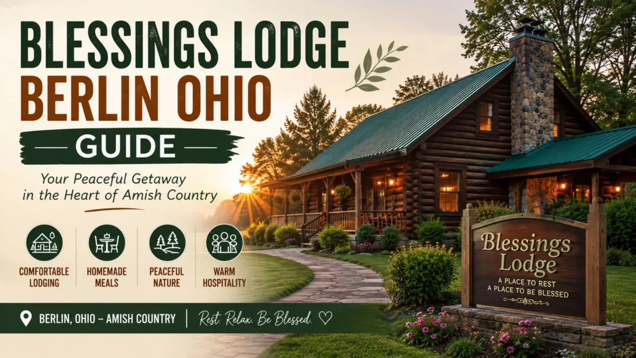 Blessings Lodge Berlin Ohio guide featuring a cozy log cabin surrounded by peaceful nature in Amish Country