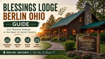 Blessings Lodge Berlin Ohio guide featuring a cozy log cabin surrounded by peaceful nature in Amish Country