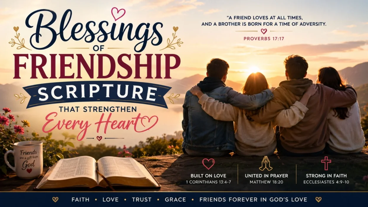 Blessings of friendship scripture with friends watching sunrise, open Bible, and inspiring Christian message of hope.