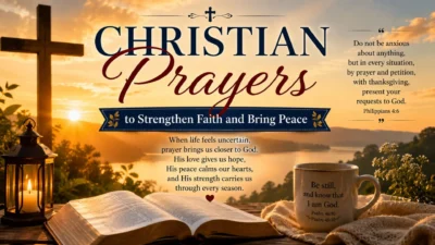 Christian prayers with an open Bible, wooden cross, glowing lantern, and peaceful sunset to strengthen faith and bring peace.