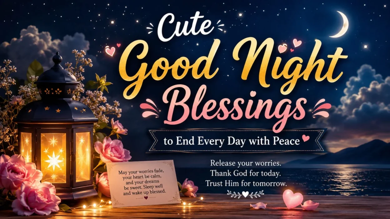 Cute good night blessings with a glowing lantern, roses, crescent moon, and peaceful night sky for sweet dreams and restful sleep.