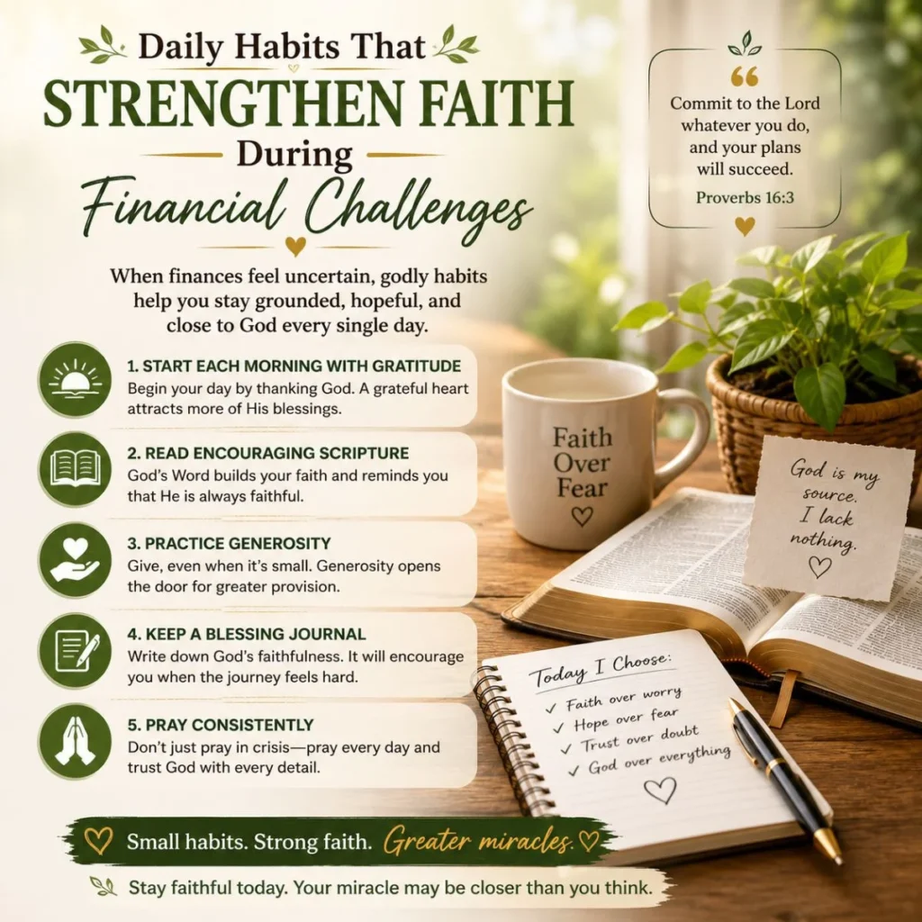 Daily habits that strengthen faith during financial challenges with Bible, gratitude journal, and inspiring Christian devotion.
