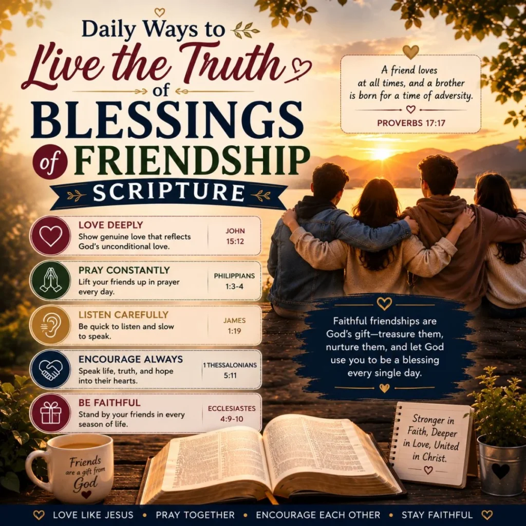 Daily ways to live the truth of blessings of friendship scripture with friends, open Bible, and Proverbs 17:17.