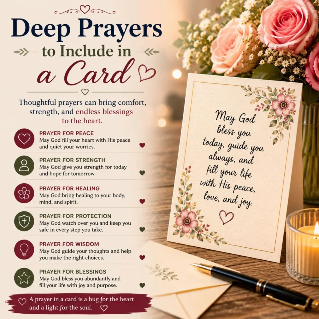 Inspirational card featuring deep prayers to include in a card with flowers, candlelight, and heartfelt blessings.
