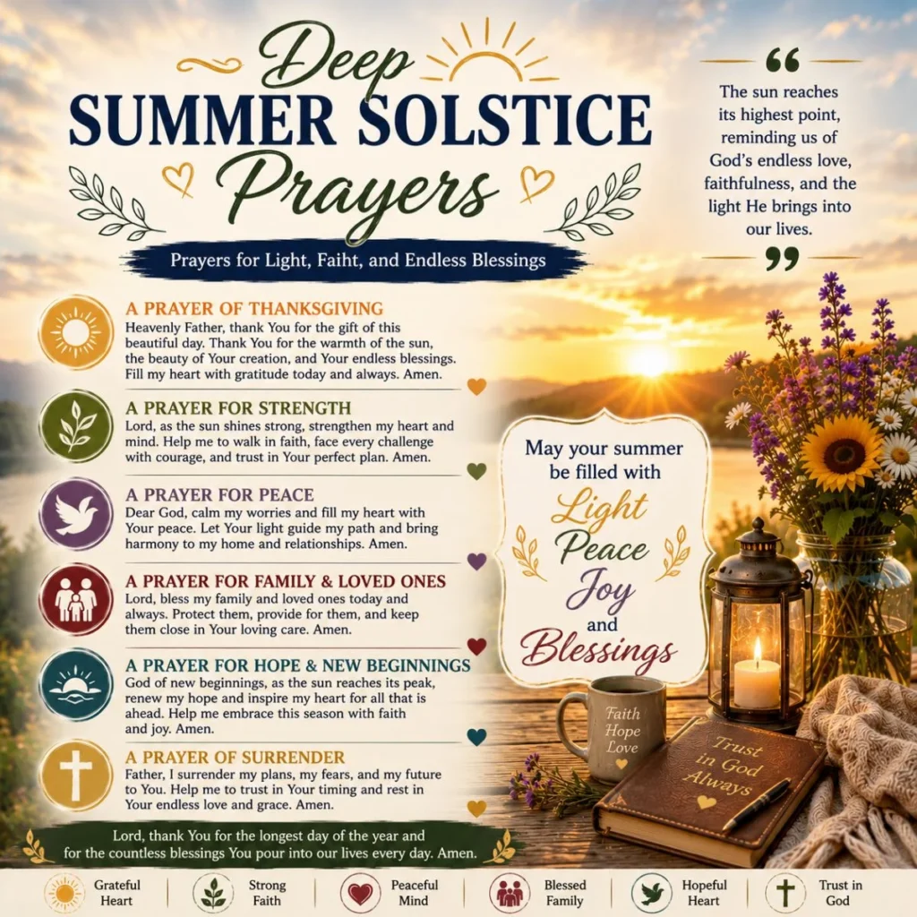 Deep Summer Solstice Prayers with a peaceful sunrise, lakeside scene, faith, gratitude, hope, and heartfelt prayers.