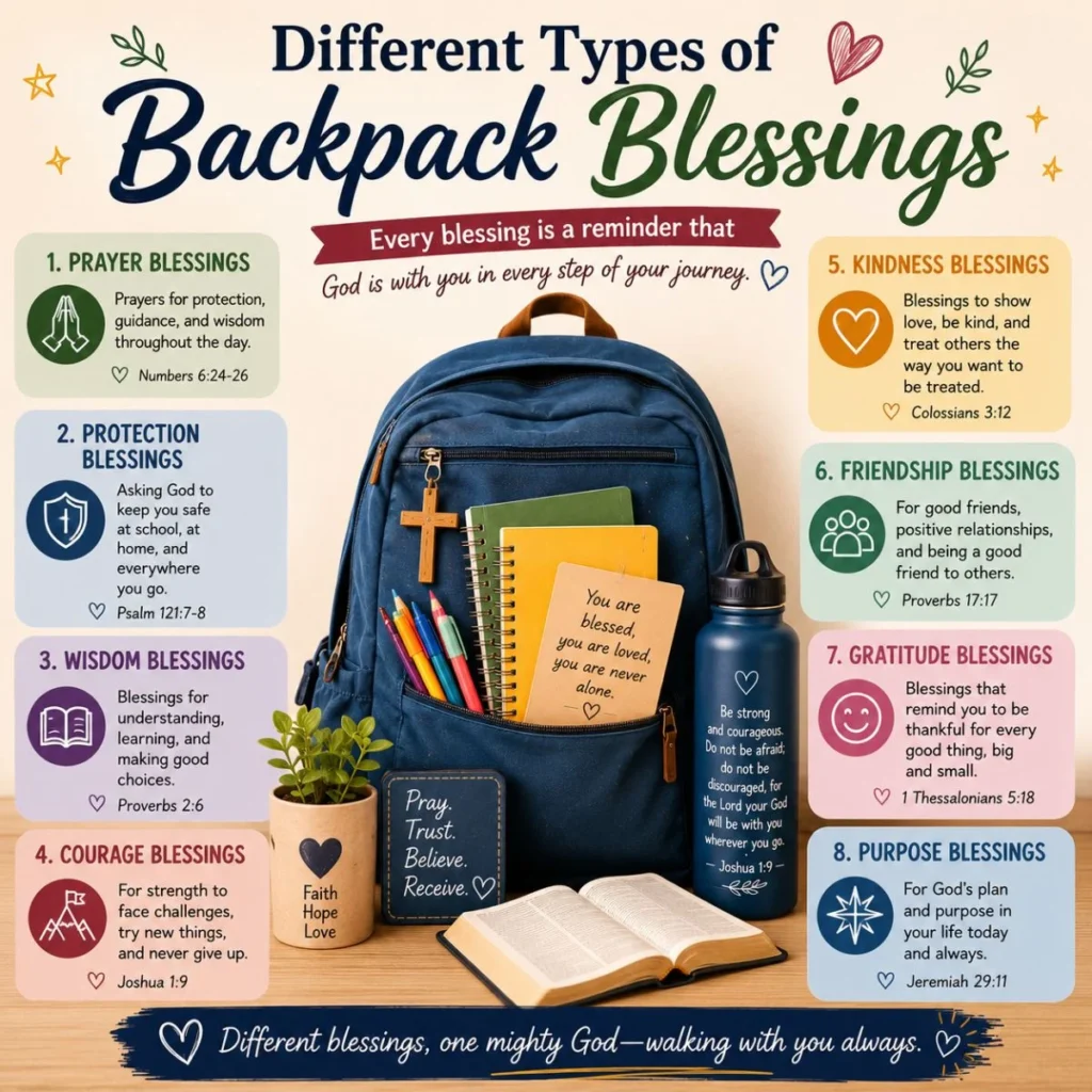 Different types of backpack blessings with faith, prayer, protection, wisdom, courage, and kindness for everyday journeys.