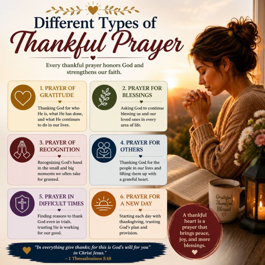 Different types of thankful prayer with a woman praying beside an open Bible and inspiring gratitude guide
