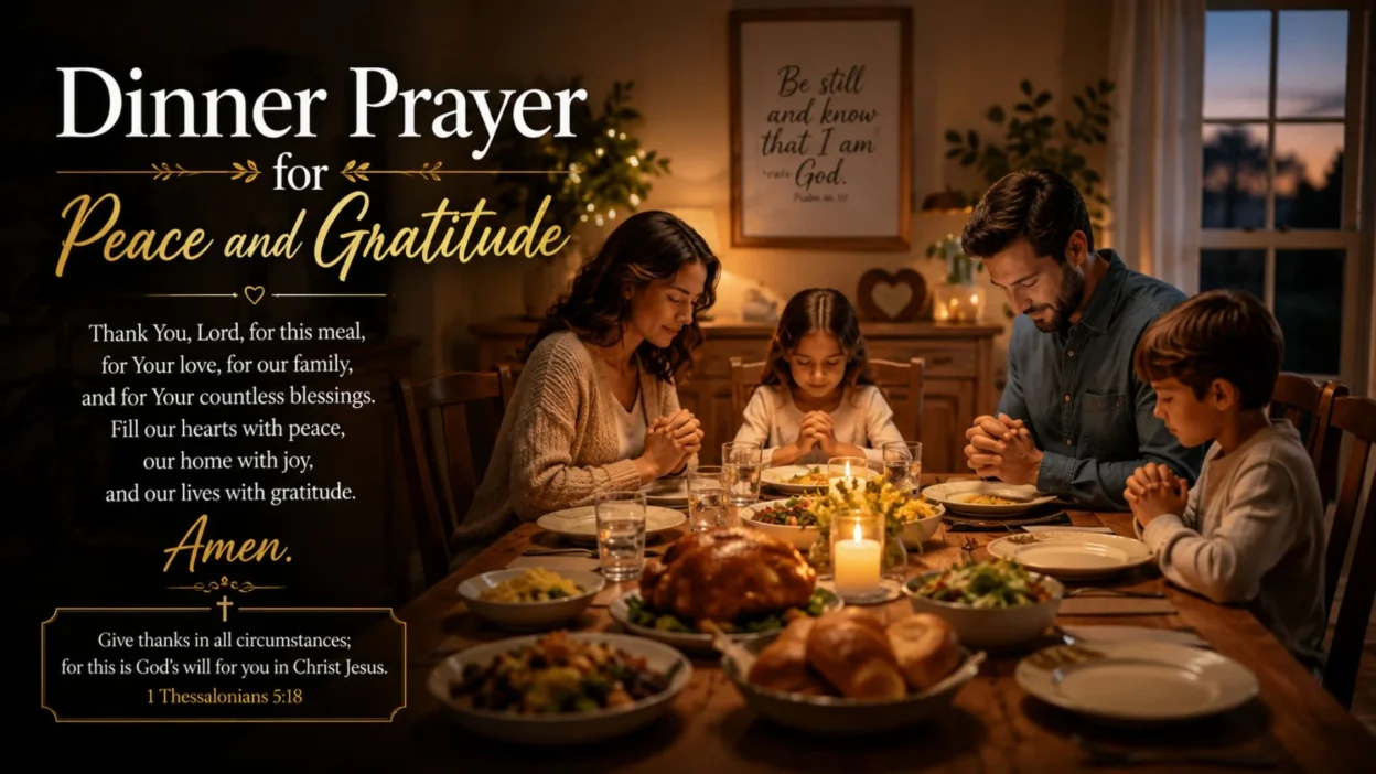 Family saying a dinner prayer for peace and gratitude before sharing a warm evening meal together.