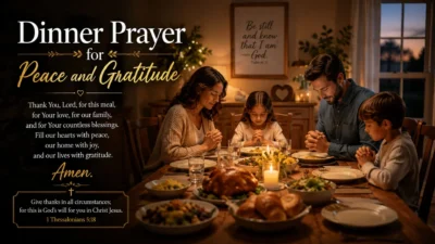 Family saying a dinner prayer for peace and gratitude before sharing a warm evening meal together.