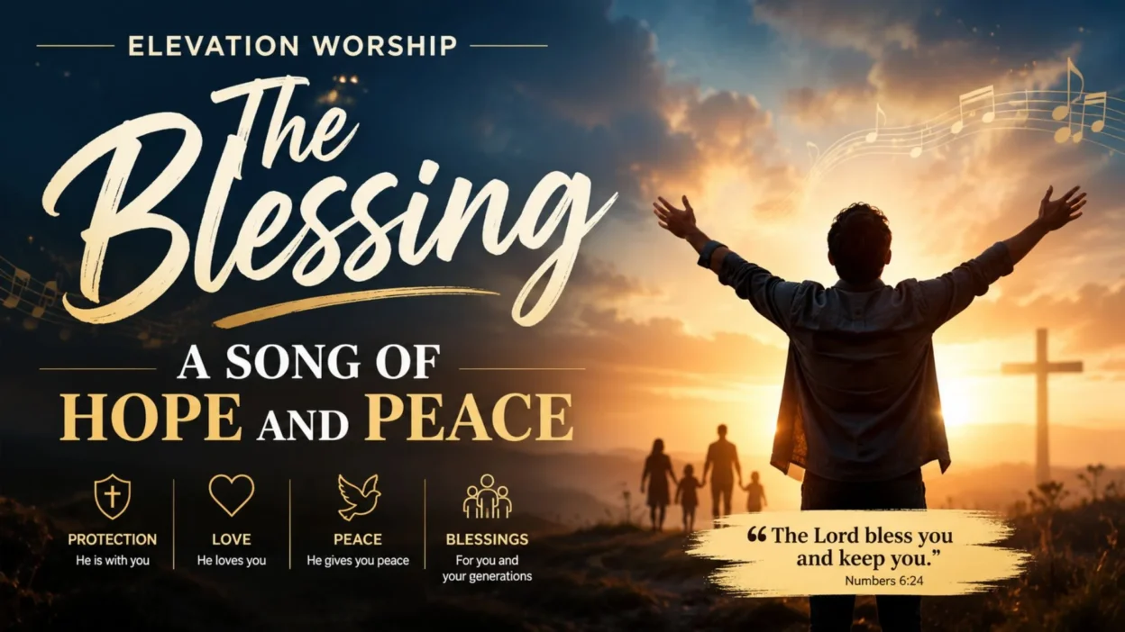 Worshipper raising hands at sunrise with cross and family in Elevation Worship The Blessing song of hope and peace
