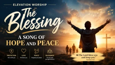 Worshipper raising hands at sunrise with cross and family in Elevation Worship The Blessing song of hope and peace