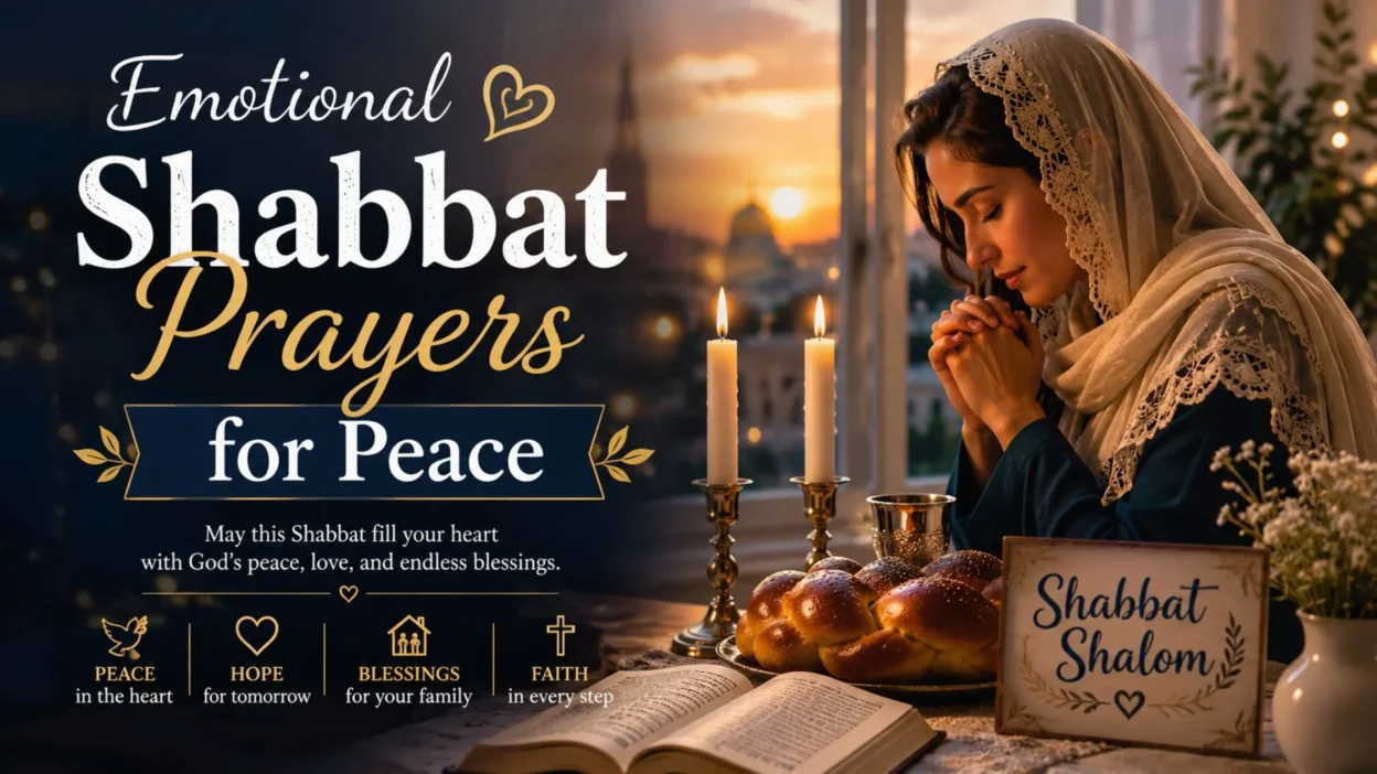 Woman praying during Shabbat with candles and challah, reflecting emotional Shabbat prayers for peace and spiritual rest.