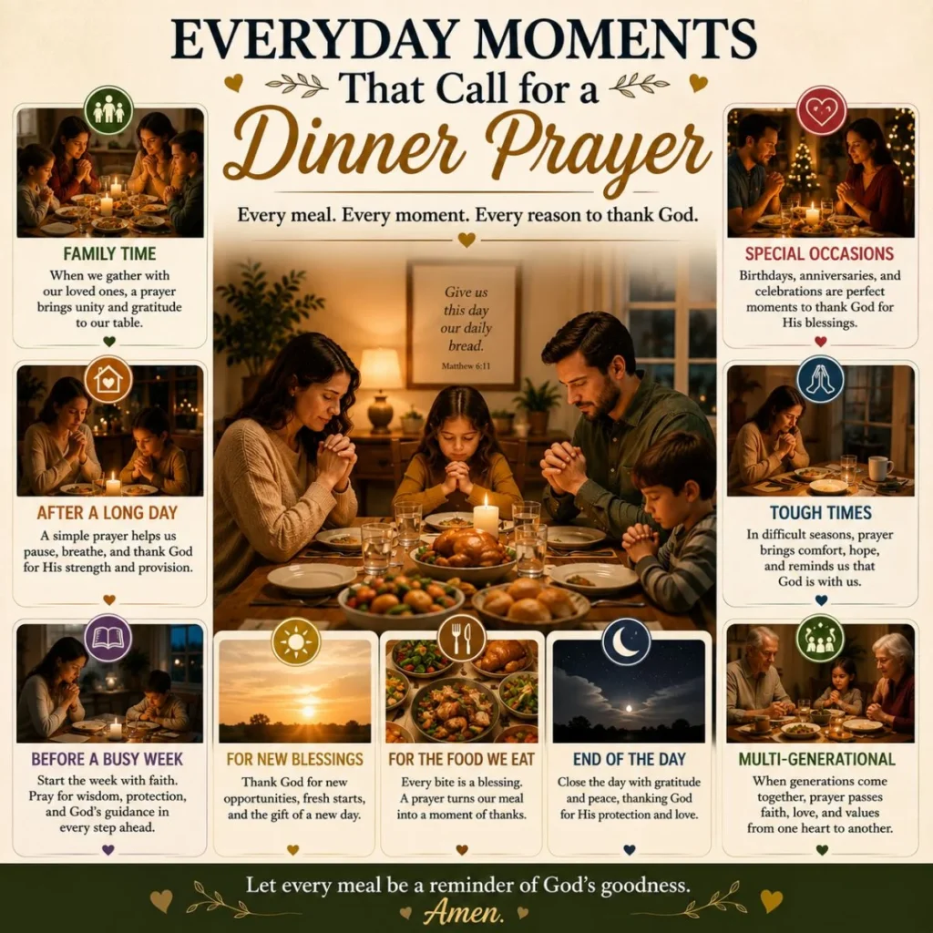 Everyday moments that call for a dinner prayer with family sharing gratitude before a peaceful evening meal.