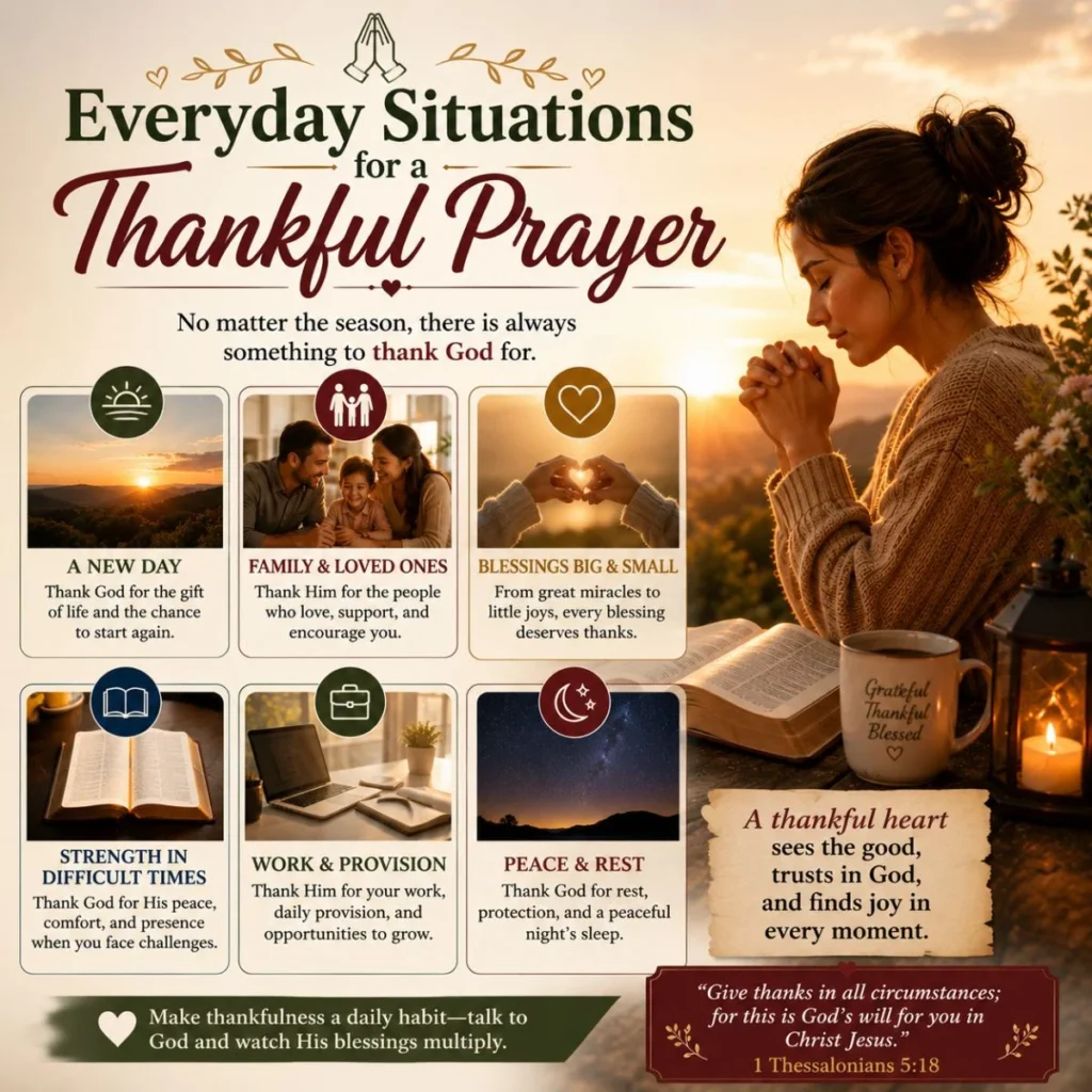Everyday situations for a thankful prayer with a woman praying beside an open Bible and gratitude reminders
