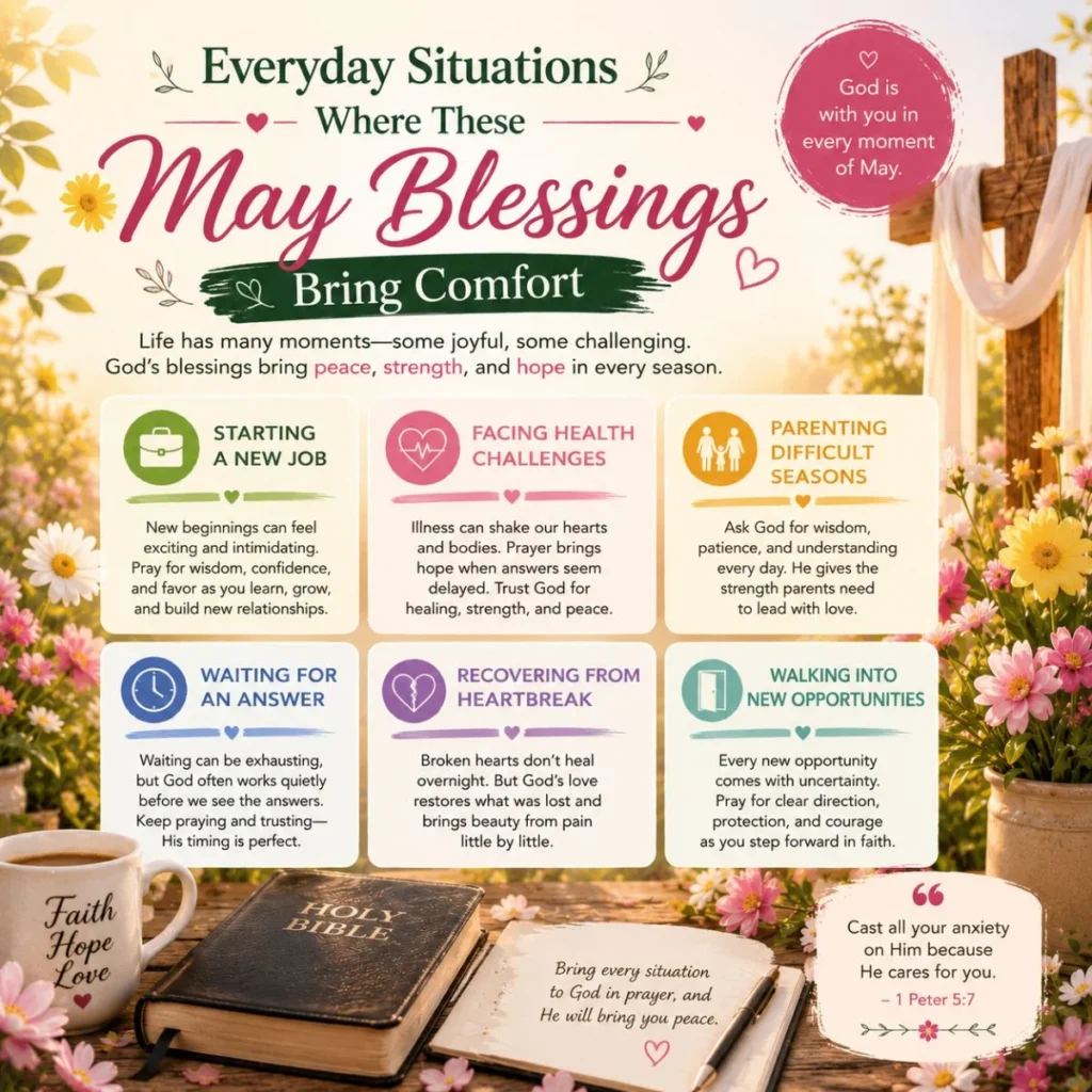 Everyday situations where May blessings bring comfort with cross, Bible, flowers, and prayers for hope, healing, and strength.