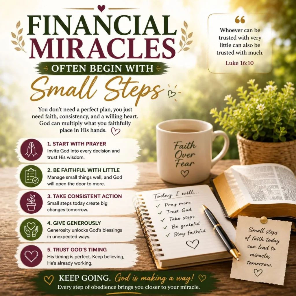 Financial miracles often begin with small steps, featuring a Bible, prayer journal, and faith-filled morning inspiration.