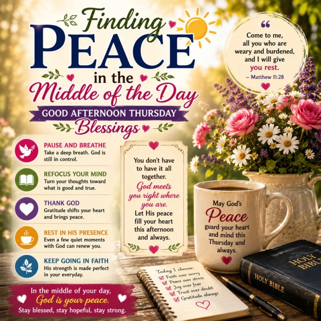 Finding peace in the middle of the day with good afternoon Thursday blessings, Bible, coffee, flowers, and faith.