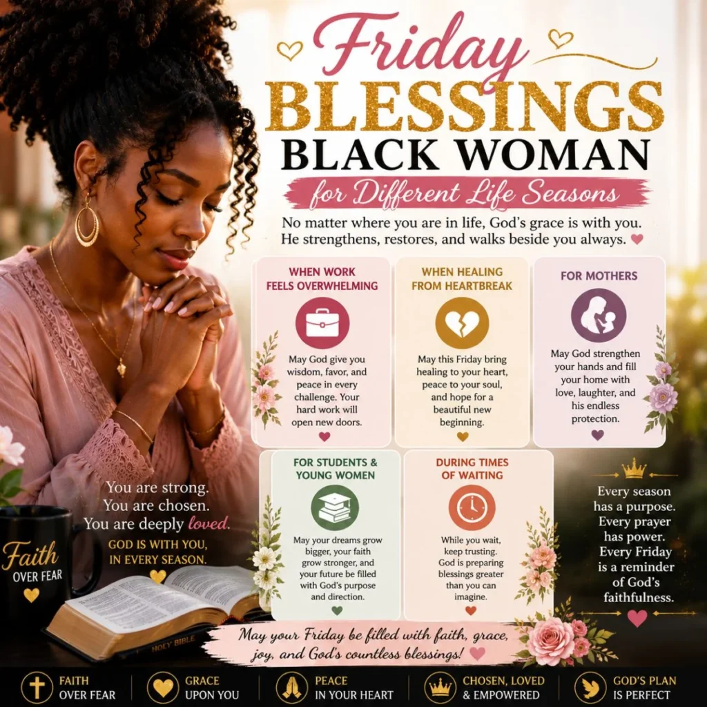 Friday blessings for a Black woman with prayer, Bible, and faith-filled encouragement for every season of life.