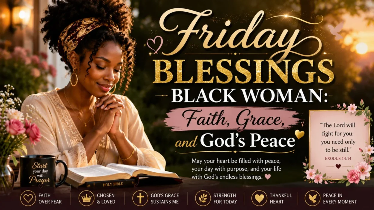 Friday Blessings Black Woman praying with Bible, celebrating faith, grace, God's peace, and hope in a peaceful morning.