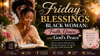 Friday Blessings Black Woman praying with Bible, celebrating faith, grace, God's peace, and hope in a peaceful morning.