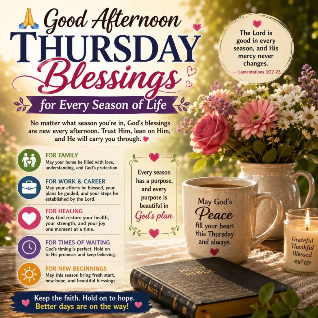 Good afternoon Thursday blessings with Bible, flowers, coffee, and inspiring prayers for every season of life.