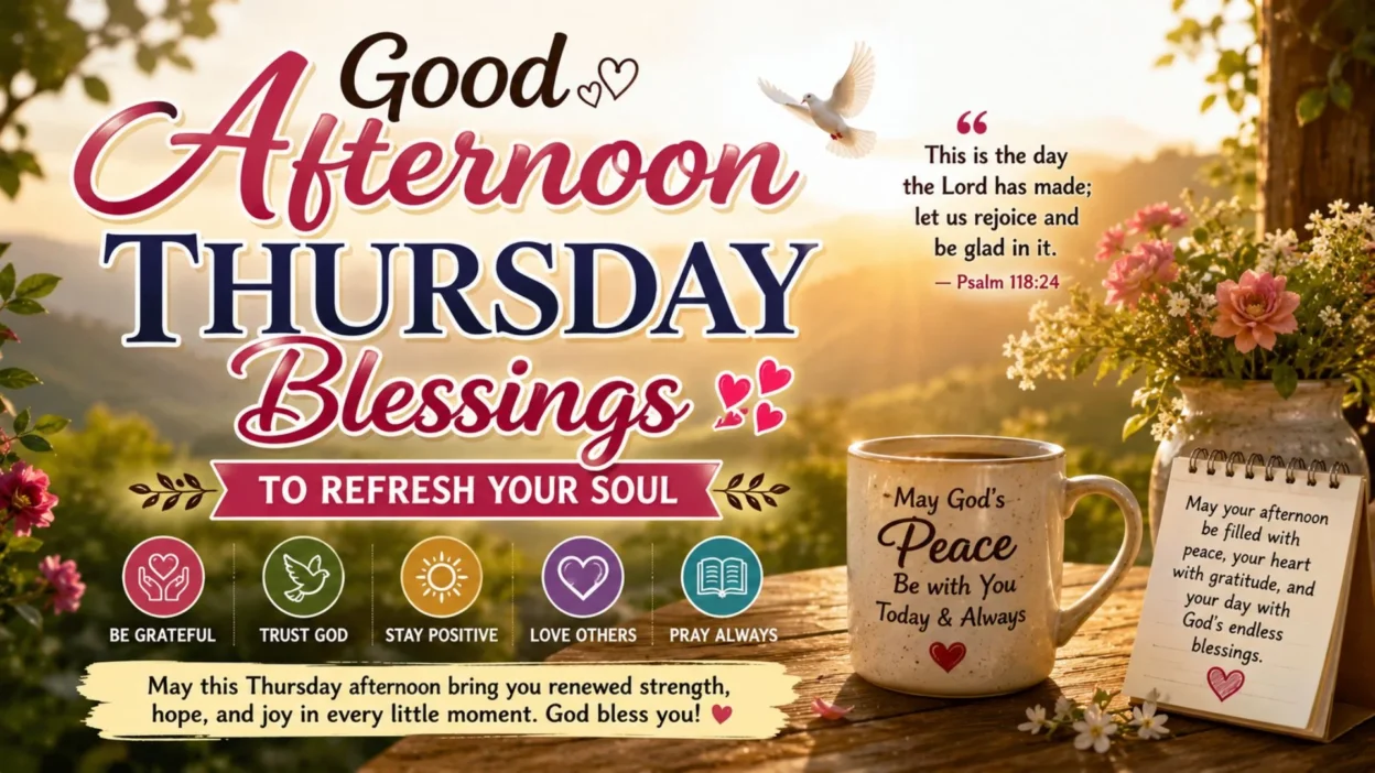 Good afternoon Thursday blessings with peaceful sunshine, prayer, flowers, and an inspiring message of faith and hope.