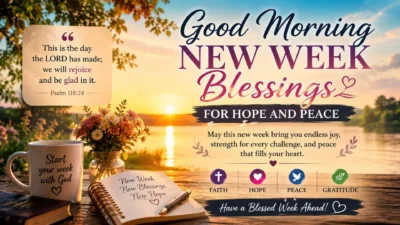 Good morning new week blessings image with sunrise, Bible verse, flowers, coffee mug, and peaceful message of hope and faith.