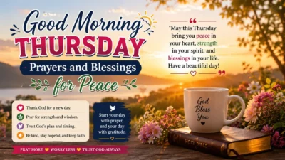 Good Morning Thursday Prayers and Blessings for Peace with sunrise, Bible, coffee mug, and uplifting faith message.