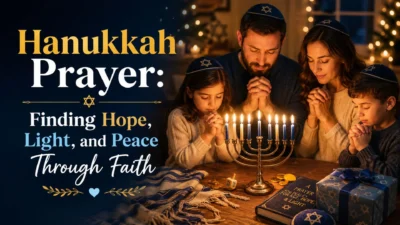 Family offering a heartfelt Hanukkah prayer around a glowing menorah, celebrating faith, hope, and the Festival of Lights.
