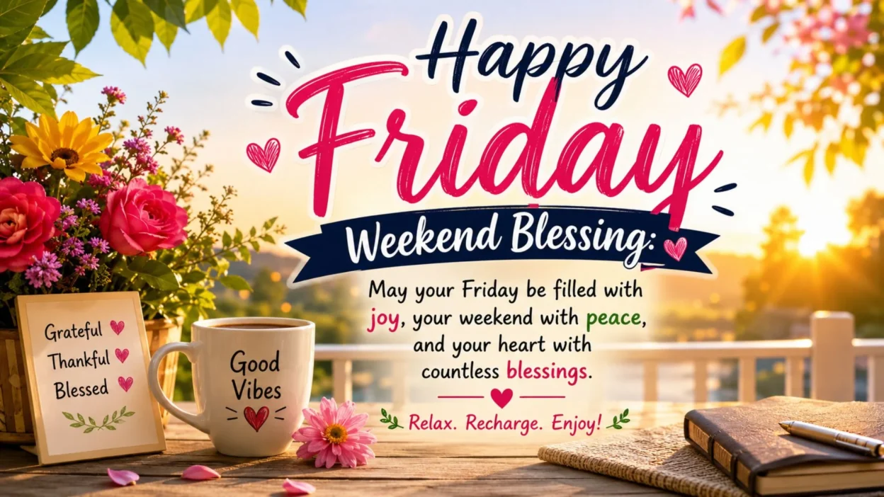 Happy Friday Weekend Blessing greeting with sunrise, colorful flowers, coffee mug, and an uplifting weekend message.