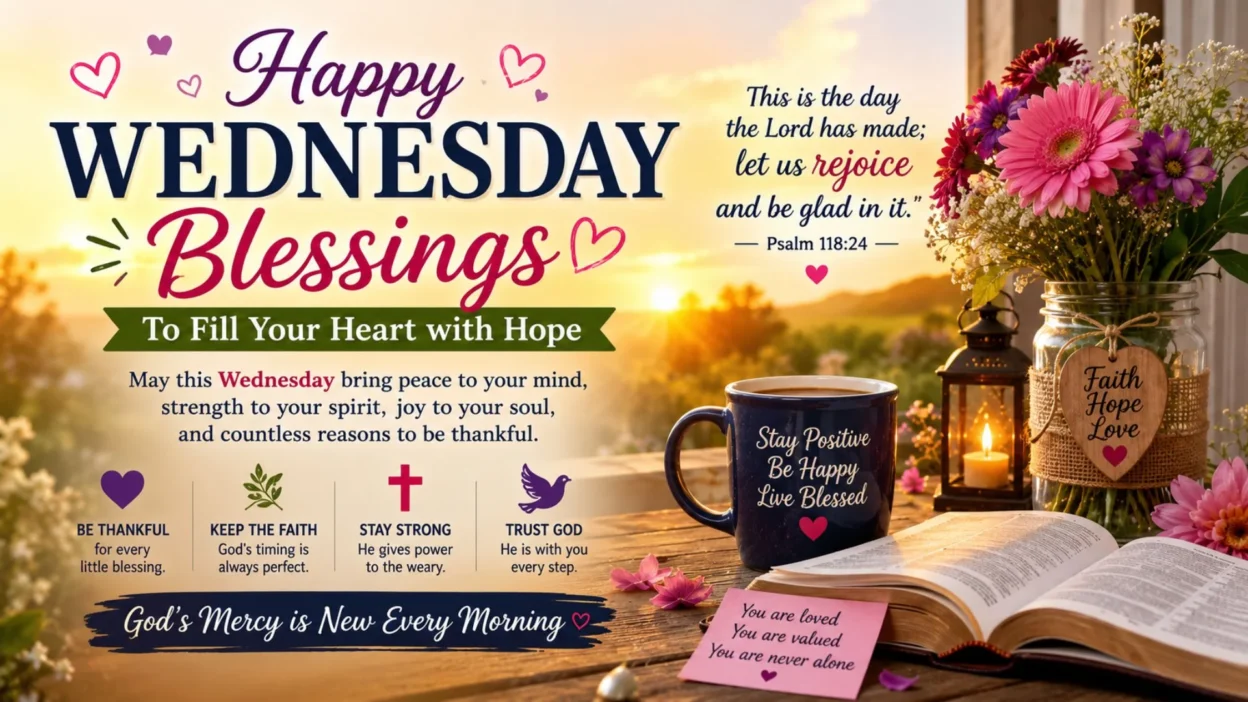 Happy Wednesday blessings image with sunrise, Bible, coffee, flowers, and an inspiring message of hope, faith, and peace.